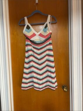 Crochet Chevron Mini Dress in Pink, Blue & Cream